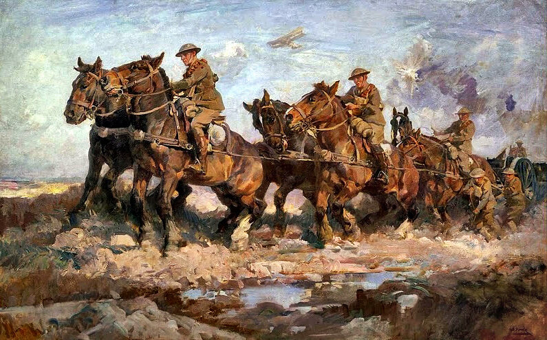 Гарольд Септимус Пауэр. Тащите пушки! 1917 г. Изображена сцена застрявших в грязи артиллеристов из 101-й Австралийской конной батареи во время Третьей битвы на Ипре. Общественное достояние