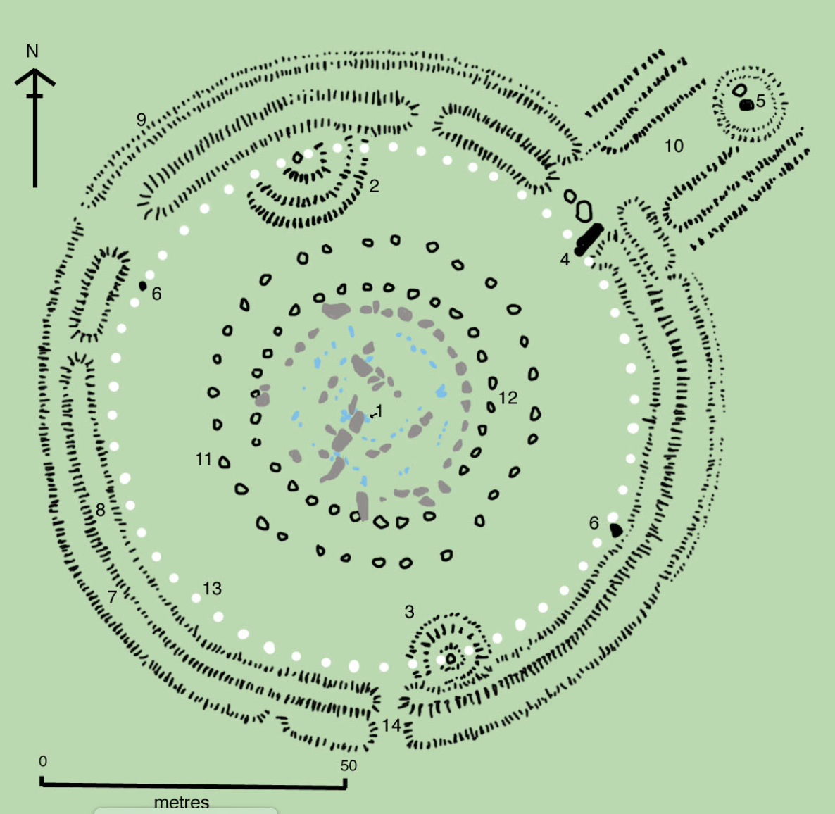 Схема расположения основных элементов Стоунхенджа. Взята из Википедии.