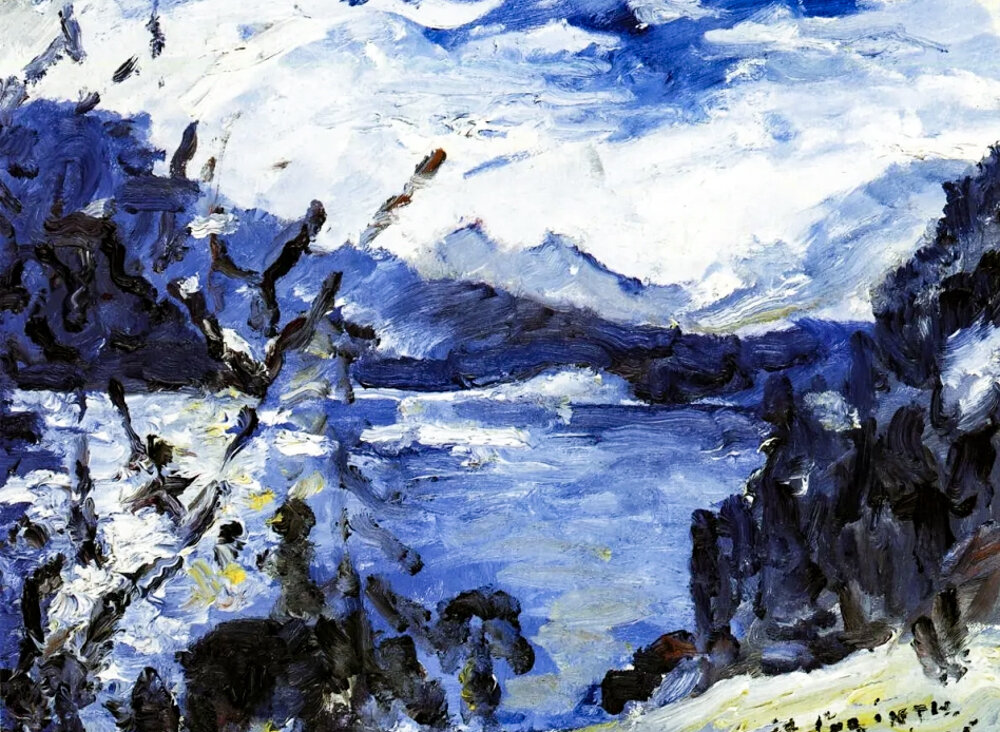 Художник Ловис Коринт "Озеро Вальхен с горной грядой на горизонте и отвесным берегом"