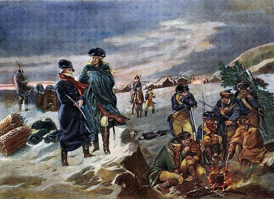 Вашингтон и Лафайет посещают солдат. Зима 1777 /1778 года. США.