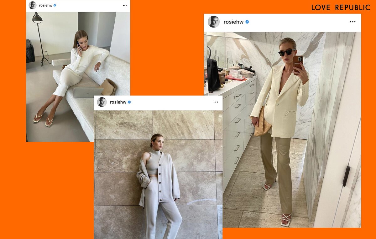 Обилие бежевых оттенков, базовые элементы и простые фасоны равно “интеллектуальный минимализм” Рози Хантингтон-Уайтли.