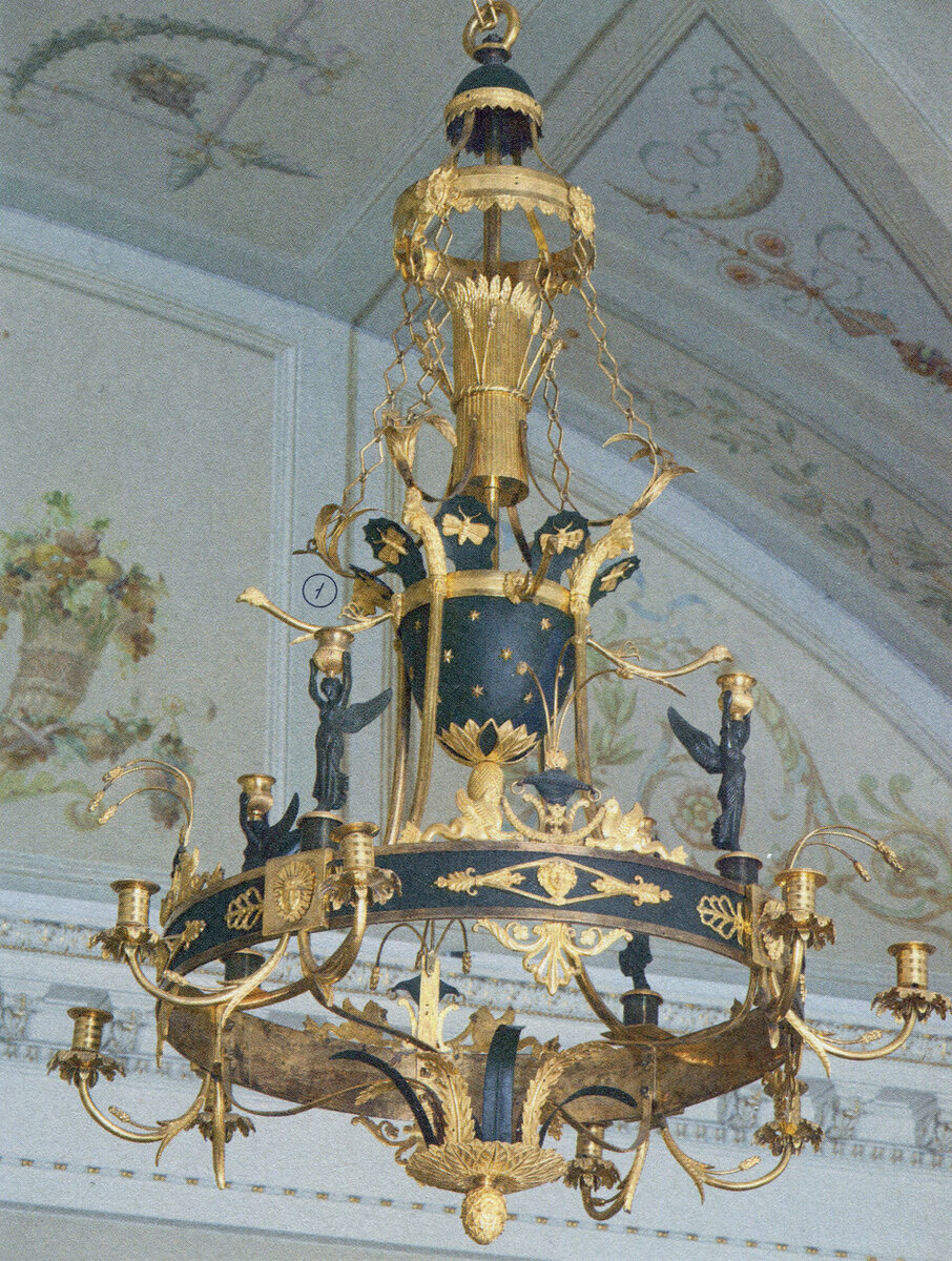 Люстра темной бронзы с позолотой. Россия, первая четверть XIX века (1 — вымышленная бабочка). Скан из книги «Бабочки Эрмитажа»