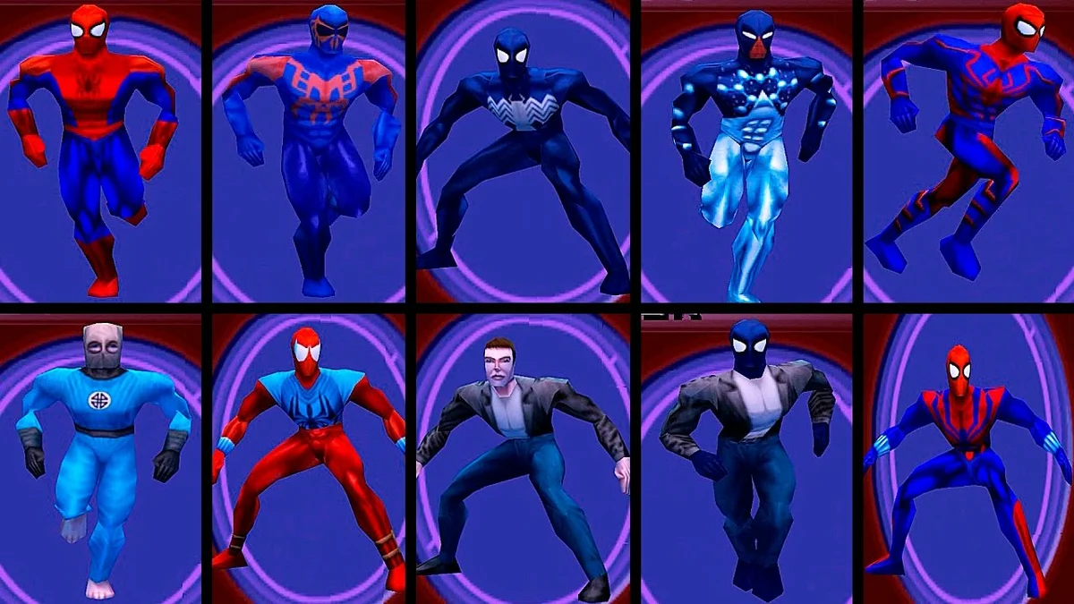 Игра в синем костюме. Spider man 2000. Spider man ps1 костюмы. Spider man 2000 ps1 костюмы. Человек паук 2000 игра.