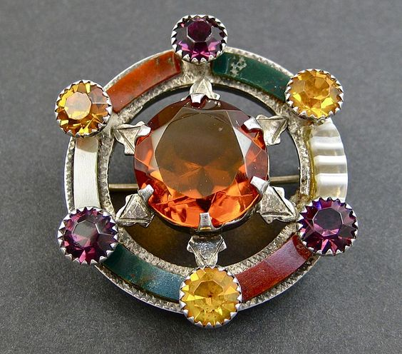 Серебряная брошь из агата с цитрином и аметистами