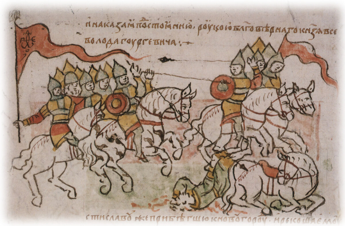 Сражение княжеской дружины с половцами. Миниатюра из русской летописи(2). 