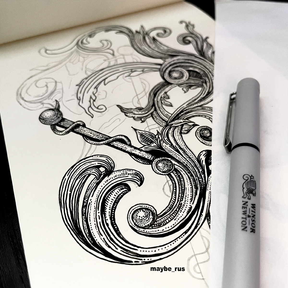 Процесс работы над проектом линерами WInsor & Newton.