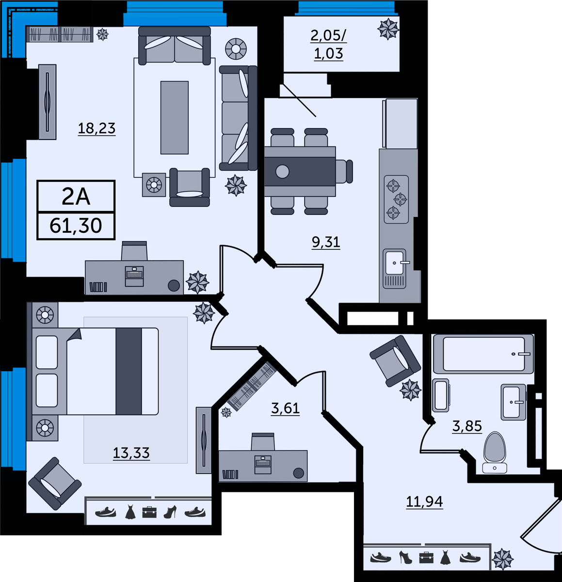 Двухкомнатная квартира (2А) в ЖК «Легенда Ростова» — самая солнечная и светлая. Окна выходят на южную сторону и смежные с ней стороны света, что оптимально наполняет квартиру светом, распределяя солнечные лучи между ранним утром и вечером. В таких квартирах солнце светит почти весь день: восточная сторона обеспечивает мягкий солнечный свет, а южная — яркий, но только ранним утром. 