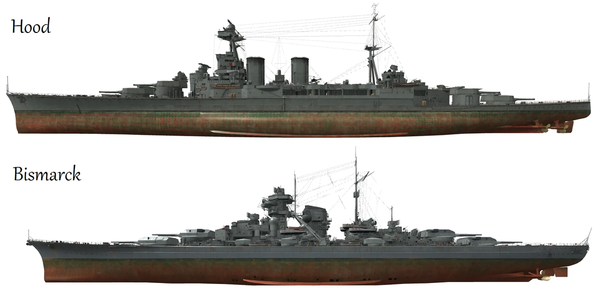 Сравнение размеров линейного крейсера Худ и линкора Бисмарк.