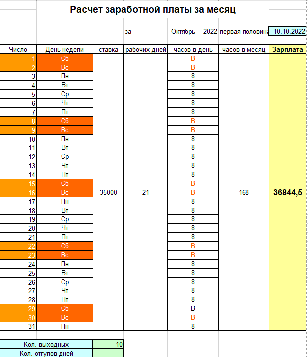 Расчет зарплаты в Excel