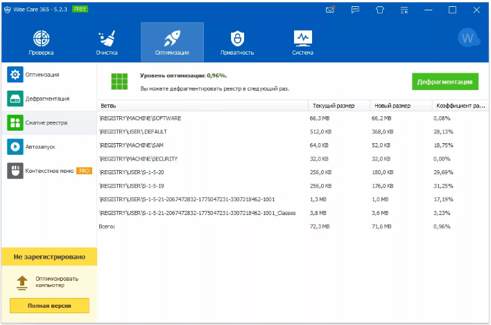 Основные разделы Wise Care 365 — проверка, очистка, оптимизация, приватность и настройки системы.