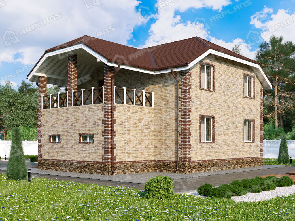 Фото 2 двухэтажного дома из кирпича с мансардой, 4 спальнями, балконом, гаражом и террасой. Полезная площадь до 180 кв м. Источник arplans.ru Проект К-351