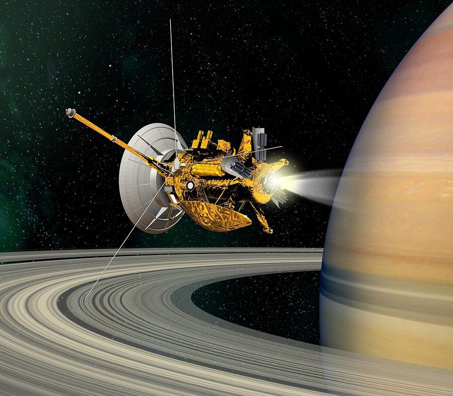 Арт "Кассини - Гюйгенс" у Сатурна. Источник: https://pixels.com/featured/cassini-huygens-probe-at-saturn-artwork-david-ducros.html