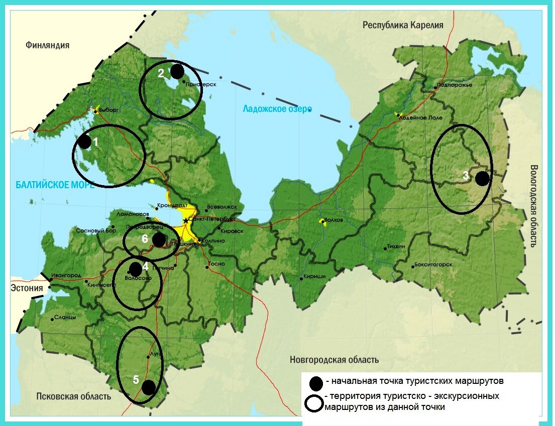 Рис. 1. Вариант размещения комплексных туристских территорий в Ленинградской области