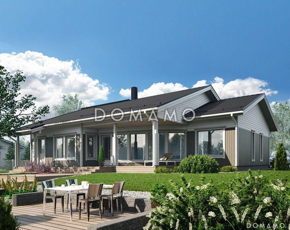 Проект D1758 — одноэтажный каркасный дом с двускатной крышей 