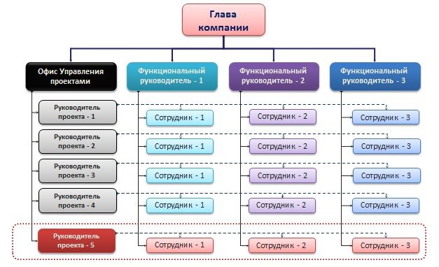 Модель матричной (сильной) проектной структуры в компании.