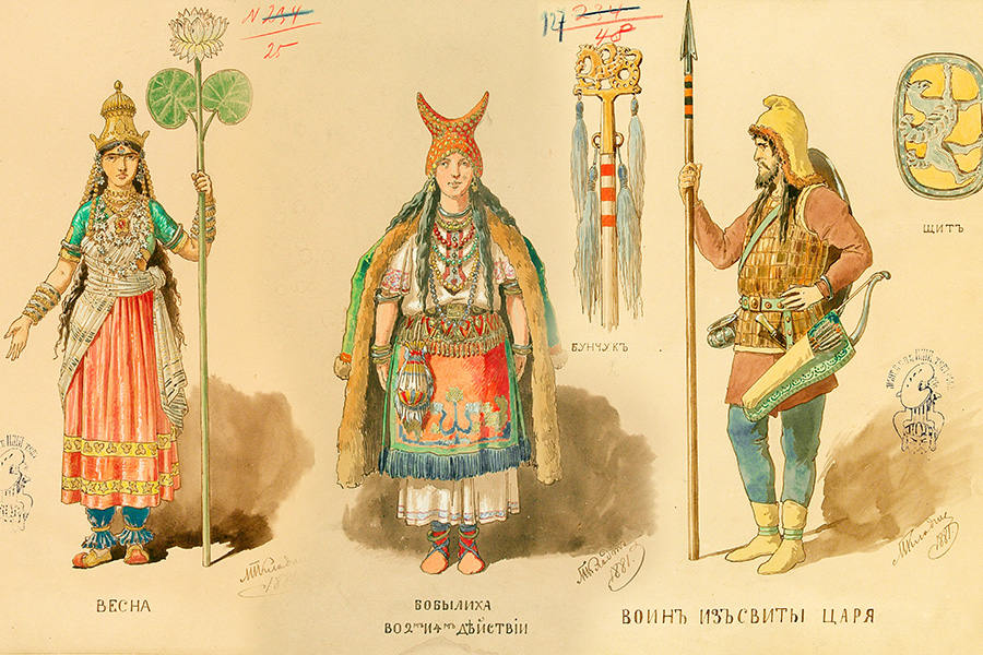 Михаил Клодт. Эскизы костюмов для Весны, Бобылихи, Воина из свиты Царя. 1881