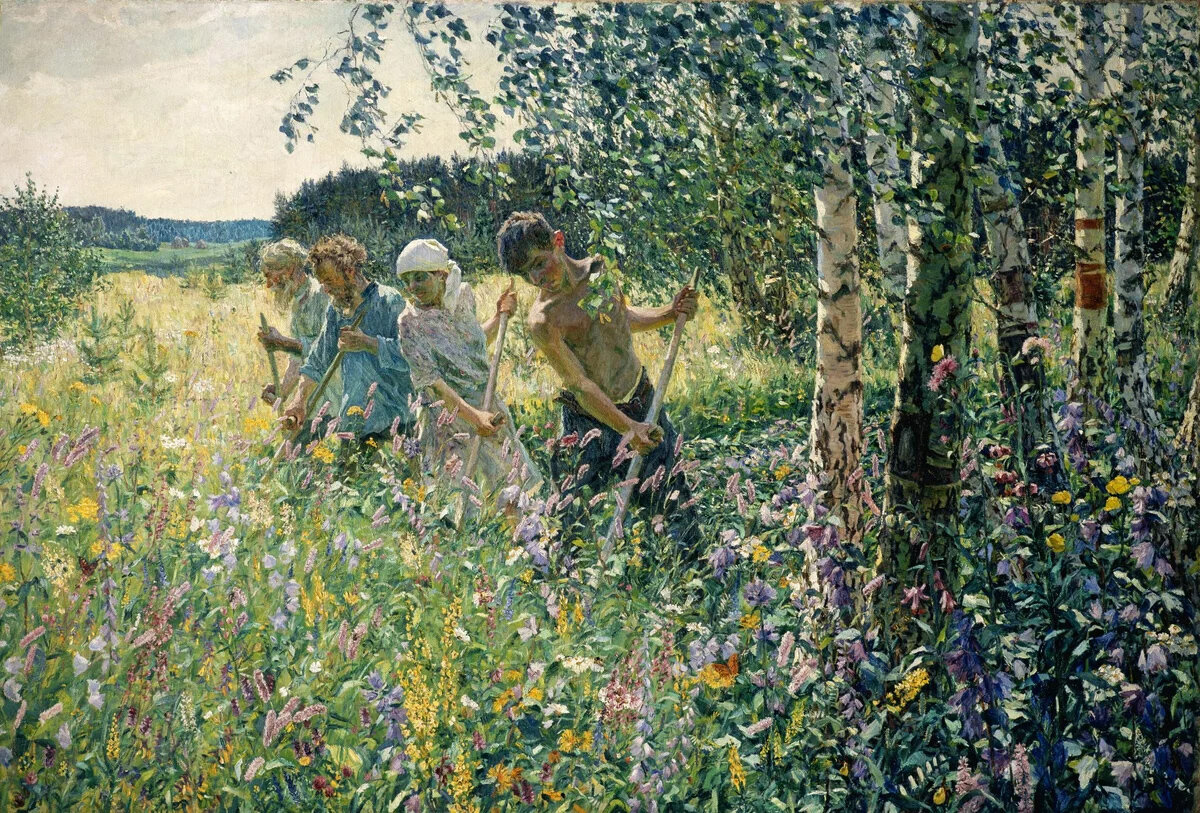Картина советского художника Аркадия Пластова "Сенокос" откровенно воспевает этот момент крестьянской жизни. Кстати, Пластова тоже обвиняли в искажении действительности, мол, все изображённые на переднем плане растения не могут цвести одновременно.