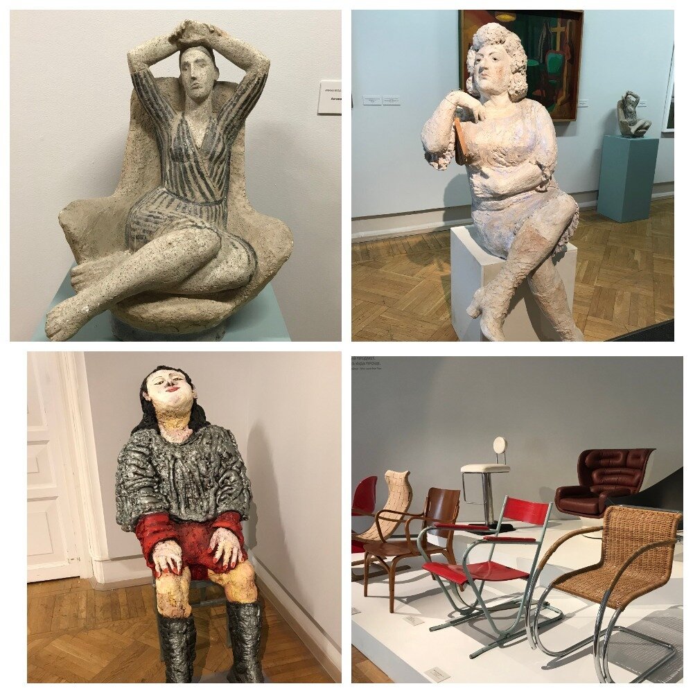 Ирина Ярошевич-Гусева. Автопортрет в кресле. 1985.   Нинель Богушевская. Женский портрет. Джульетта. 1983.   Татьяна Назаренко. Маска. 2005-2006.  Стулья.