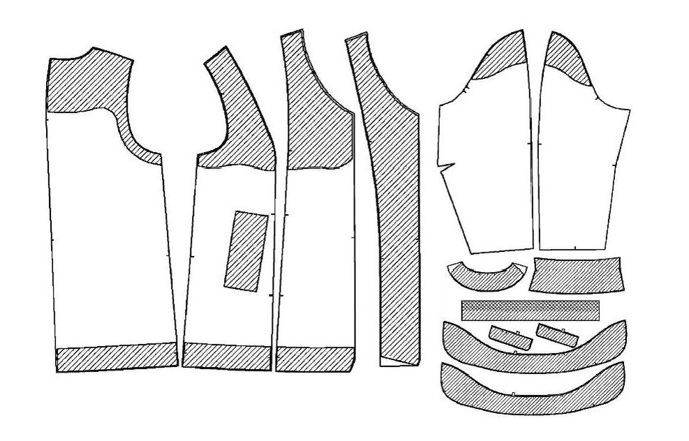 Дублированная схема. Детали кроя верхней одежды. Дублирование деталей пальто. Детали кроя блузки. Дублирование мужского пальто.