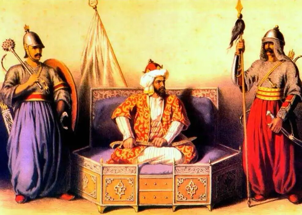 Картина, изображающая Османа Гази на троне, в окружении его солдат.