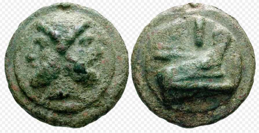 Монетный асс. В левой монете изображена голова Януса, двуликого бога. 