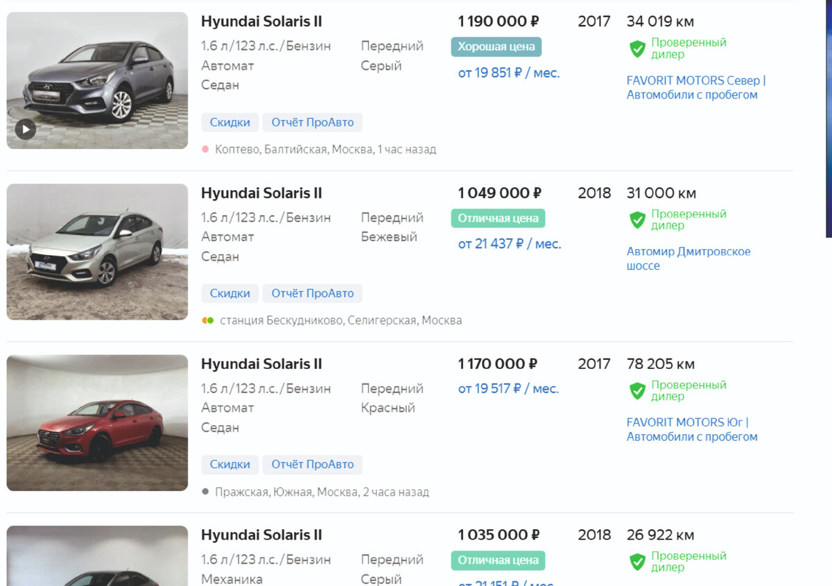 Цены на Б\У автомобиль solaris