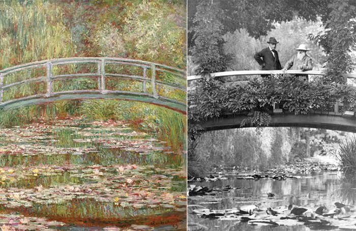 
Слева: Моне, Клод. Мост через пруд с водяными лилиями, 1899
Справа: Моне и его друг Жорж Клемансо, с которым он поделился своей страстью к Японии, искусству и экзотическим растениям