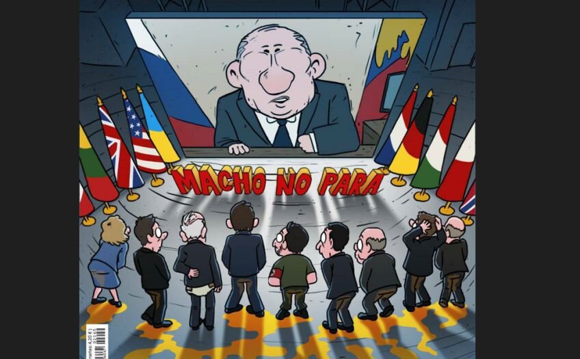 Westerse leiers luister na Poetin se toespraak aan die nasie. Karikatuur uit die Spaanse tydskrif "El Jueves".