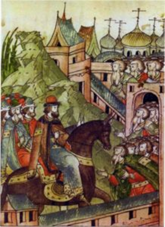 Миниатюра из летописи — призвание Владимира Мономаха на княжение в Киев в 1113 году