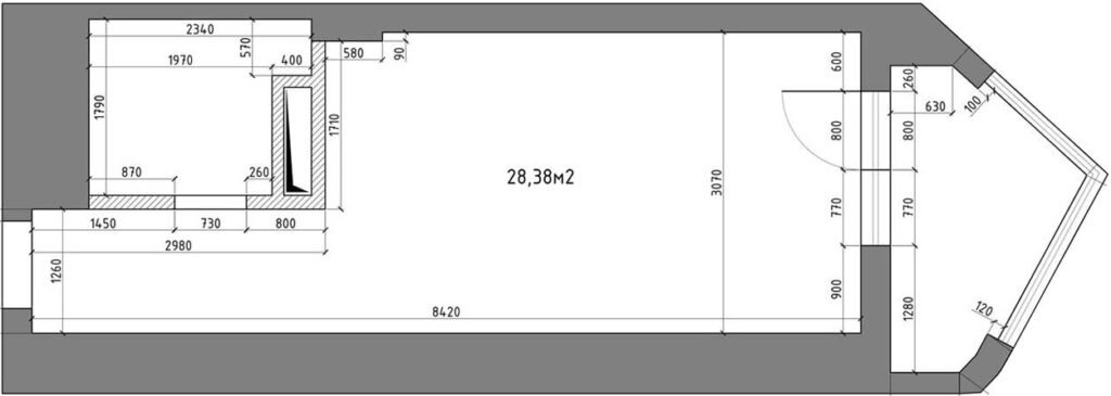 Кухня-гостиная, спальня, прихожая и полноценное рабочее место. Студия 28 кв.м. в монохромной палитре