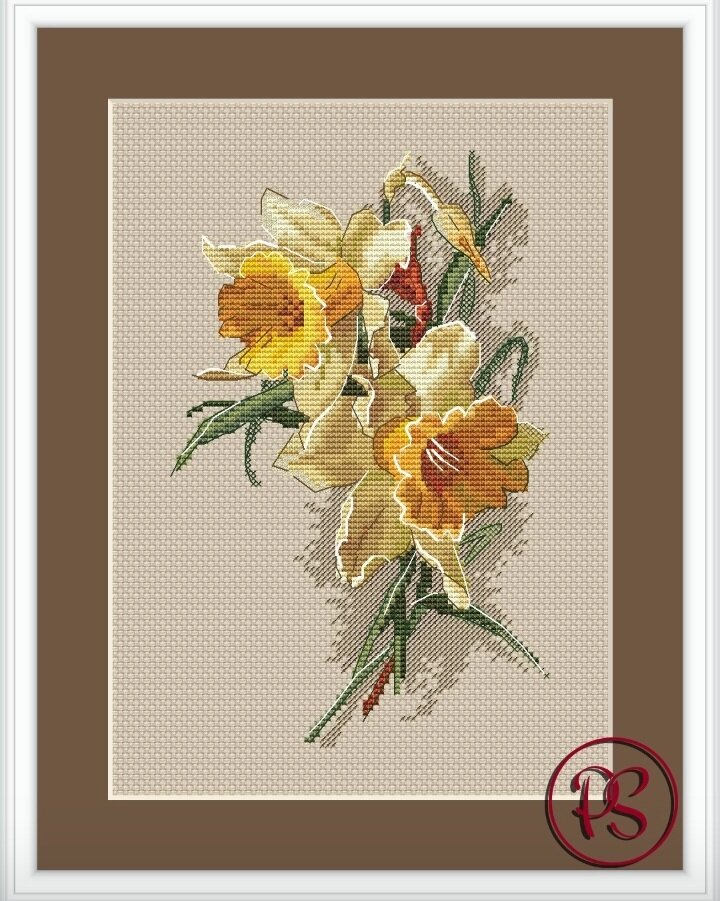 "Нарцисс" Размер 12,8*20,32 см, вышивается на канве 14 каунта, нитками DMC 28 цветов, и 2 бленда.