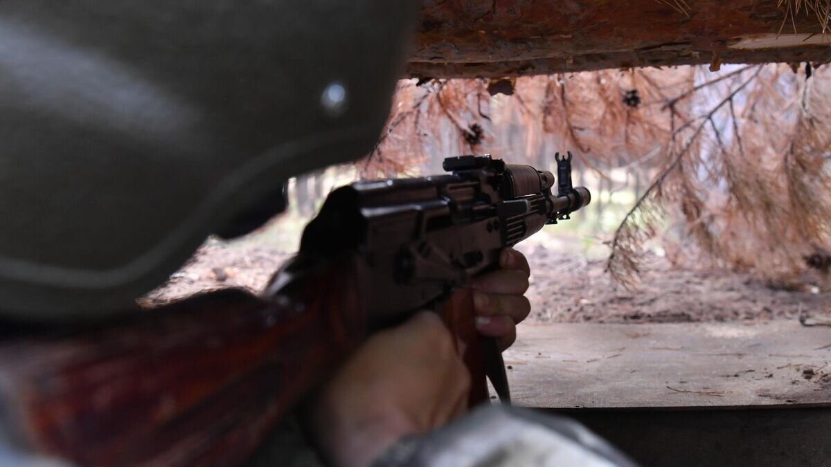    Боец казачьего полка Народной милиции ЛНР ведет наблюдение на позиции на окраинах Красного Лимана в ДНР© РИА Новости / Виктор Антонюк