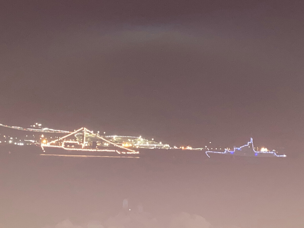 Просто пришедшие в порт корабли, в ночи украшенные огнями. Фото автора, а качество телефона)