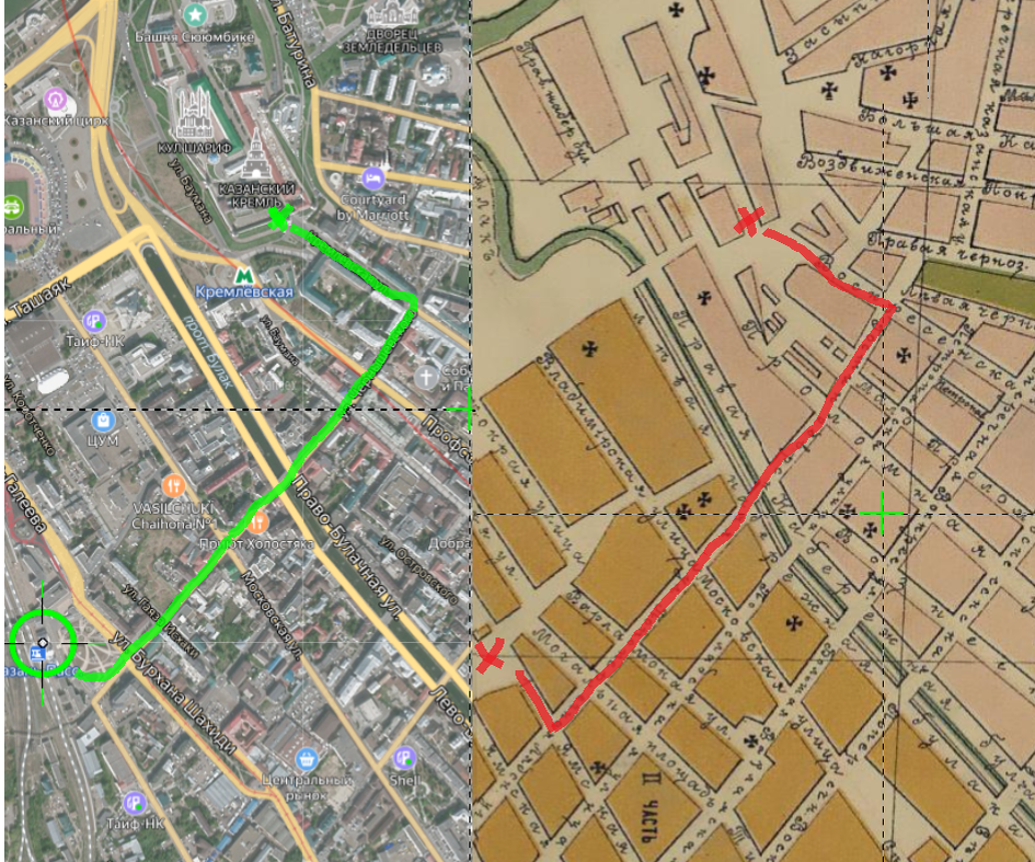 Маршрут передвижения не учитывая пешую экскурсию по Кремлю. Слева спутниковая карта 21 века, а справа отрывок карты из путеводителя Григория Москвича. 