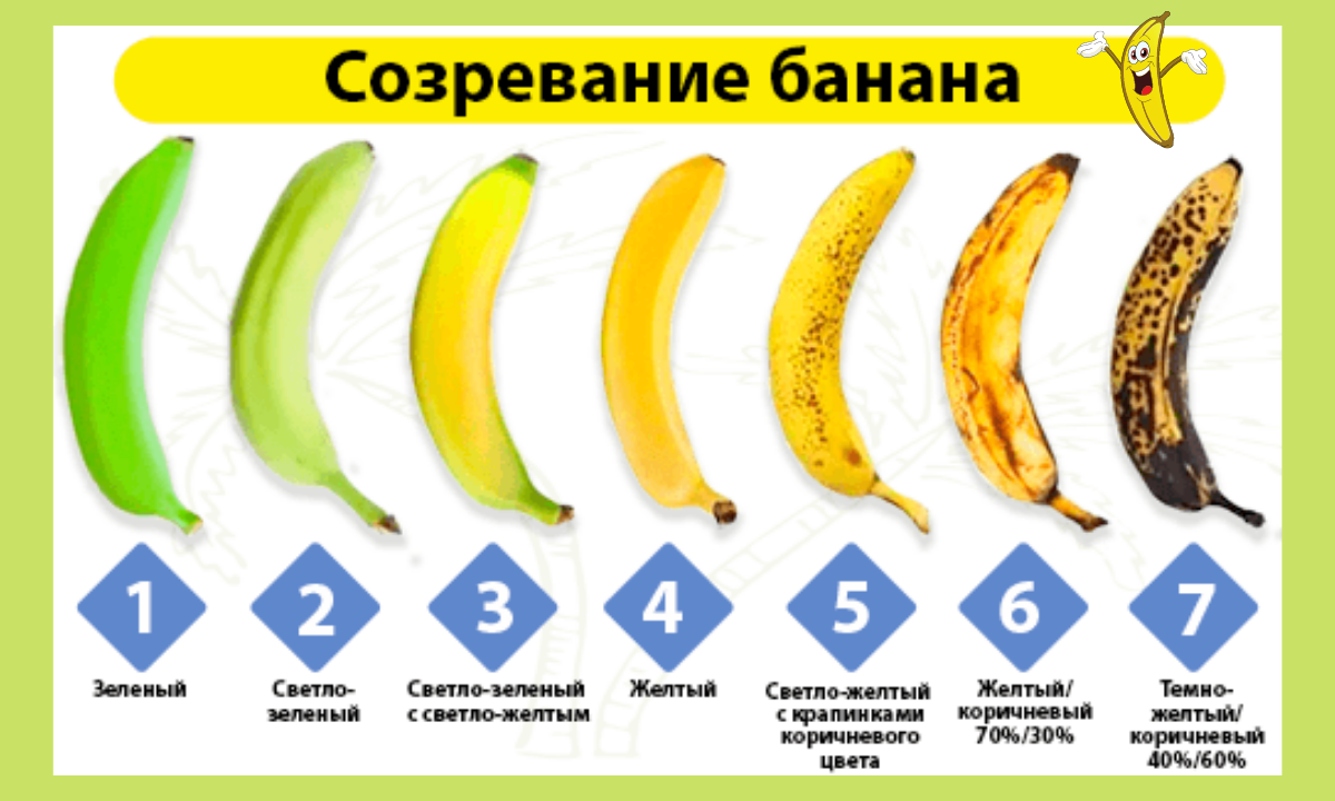 Таблица созревания банана. Степень созревания бананов. Степень зрелости банана. Стадии зрелости банана. Бананы повышают кислотность
