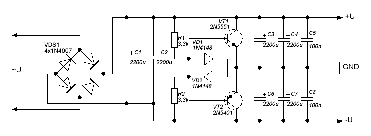 Принципиальная электрическая схема преобразователя однополярного напряжения в двухполярное