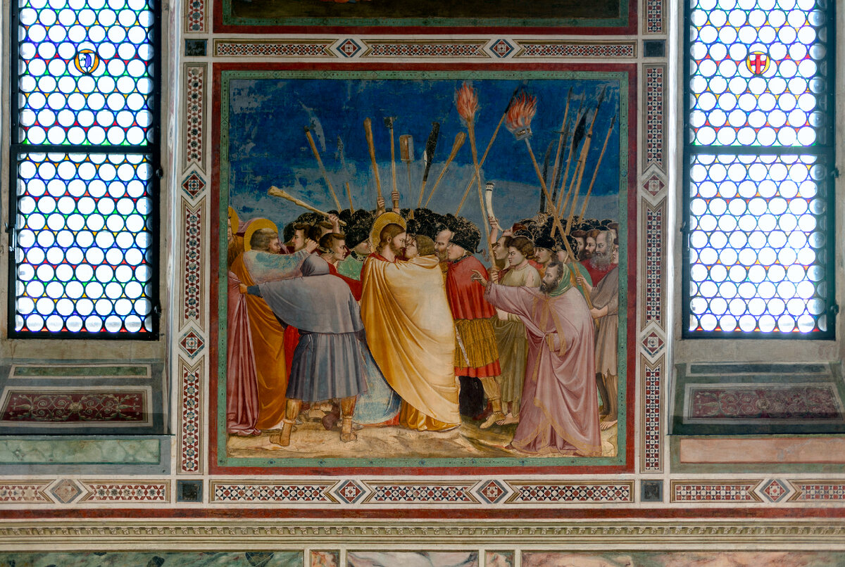 Джотто ди Бондоне. Поцелуй Иуды. Начало XIV века.  Капелла Скровеньи, Падуя, Италия