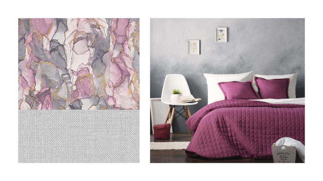 Контрастные обои для стены за кроватью, фоновые светлые обои и покрывало в цвет рисунка обоев