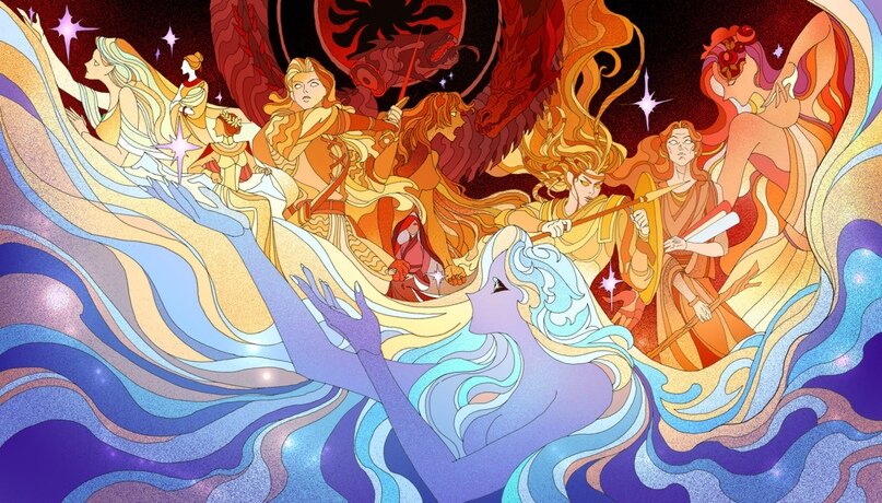 «Women characters in Tolkien novels. From right to left: Luthien, Andreth, Haleth, Nienor, Morwen, Éowyn, Tar-Ancalimë, Gilraen, Arwen. At the bottom here is Varda, the queen of stars» by Angel1802.