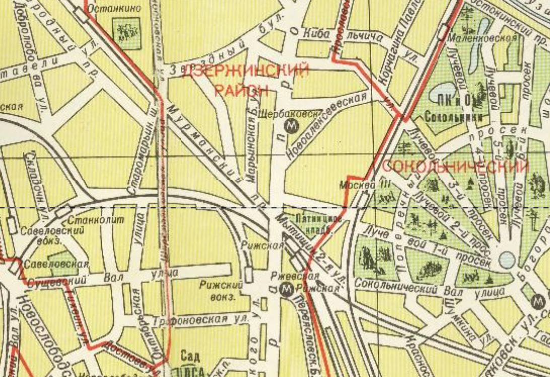 Так выглядела карта Москвы (схематичная) 1973 года, когда Рижской эстакады ещё не было. Добраться напрямую от проспекта Мира в Сокольники было нельзя. С сайта www.retromap.ru.