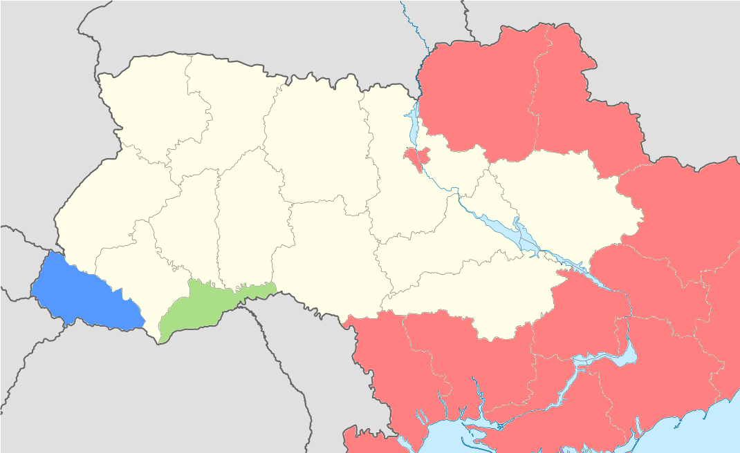 Языковая карта Украины - красный русский, песочный украинский, зеленый - румынский,  голубой - венгерский