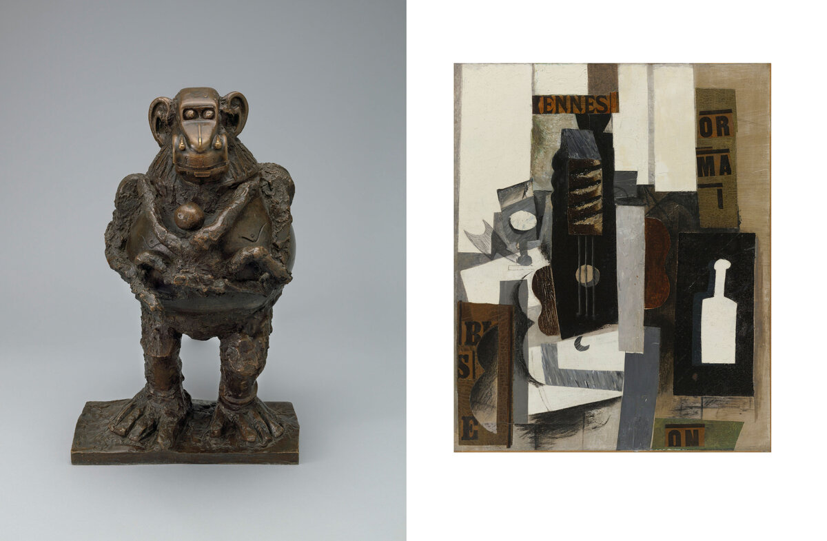 Слева: Пабло Пикассо. Обезьяна с детёнышем. 1951 (отливка 1955). Бронза. 53,3×33,3×52,7 см. МоМА, Нью-Йорк. 
Справа: Пабло Пикассо. Стакан, гитара и бутылка. 1913. Холст, масло, газета, уголь, карандаш. 65,4×53,6 см. МоМА, Нью-Йорк.