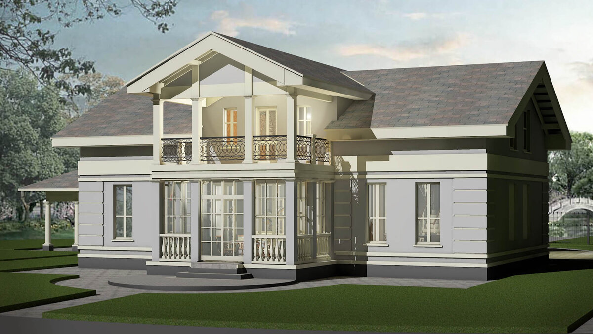 С обратной стороны - пристройка – зимний сад с выходом на участок, с прекрасной лоджией - солярием над ним. Окна комнат здесь начинаются почти от пола.