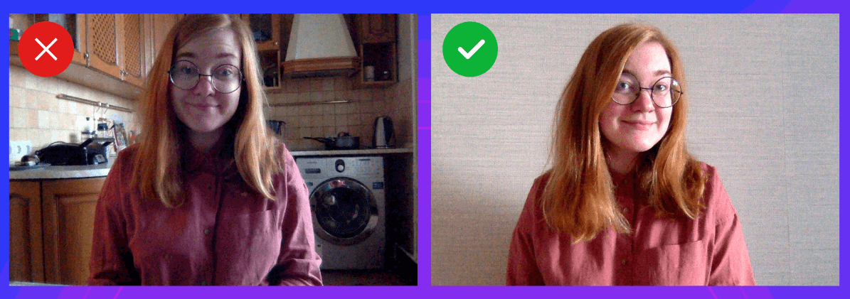 Плохо: кухня, много мелких деталей на фоне, темно. Хорошо: свет, однотонная стена.