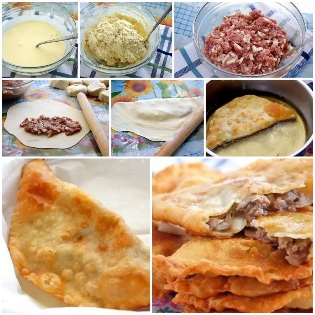 📝Ингредиенты:

- 1 ст. кефира
- 1 яйцо
- соль по вкусу
- муки сколько возьмет

📝Приготовление:

1. В миску вылить кефир, добавить яйцо, соль. Взбить вилкой. Постепенно добавлять муку и мешать
2. Когда тесто станет густым. выложить его на стол и замесить среднее тесто (не крутое, не мягкое). Оставить его минут на 20 на столе
3. Начинка: Начинка классическая. Фарш, специи, много лука и много воды или бульона. Перемешать. Начинка должна быть жидковатой.
4. Разделка: Тесто разделить на 10 кусочков (или на сколько пожелаете)
5. Каждый кусочек раскатать, в середину положить ложку начинки. Сформировать чебурек, края, чтобы не вытек сок, прокатать скалкой. Лишнее тесто обрезать резаком
6. Жарить в разогретом раст. масле на среднем огне с двух сторон до румяного цвета.