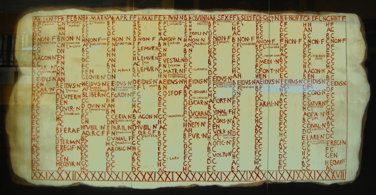 Репродукция Fasti Antiates Maiores, расписного настенного календаря поздней Римской республики, предшествующего юлианскому календарю
