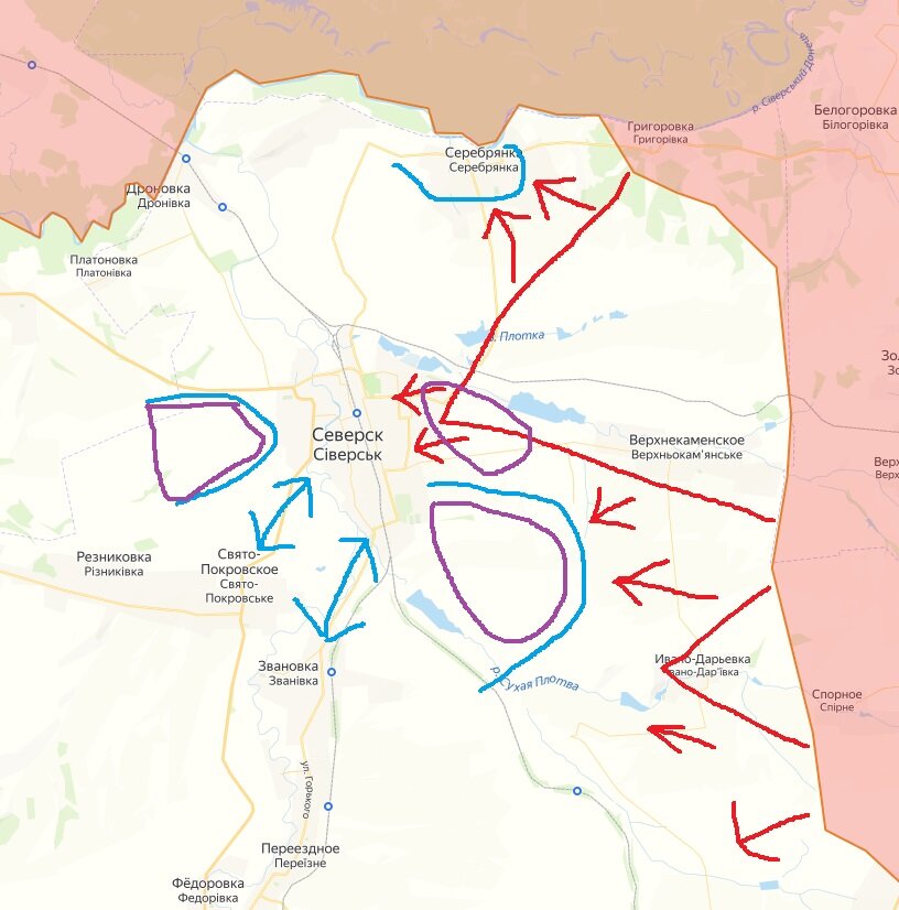 Небольшая визуализация - красным я приблизительно отметил пророссийские силы и линии наступления, синим - украинские, а фиолетовым высоты. Силы РФ находятся на возвышенности к востоку от Северска, с которых контролируют город, ВСУ находятся на высотах на противоположной стороне, а также некоторые силы еще остались на высотах к юго-востоку от города. Очевидно желание пророссийских сил выбить ВСУ из Серебрянки на севере и обойти Северск с севера - после Серебрянки там не останется населенных пунктов для обороны. Вторая проблема ВСУ - оборона высот. Это с одной стороны логично, с другой стороны - на высотах практически отсутствует застройка, так что российская артиллерия и авиация могут работать в полную силу.  За карту спасибо сайту https://lostarmour.info/