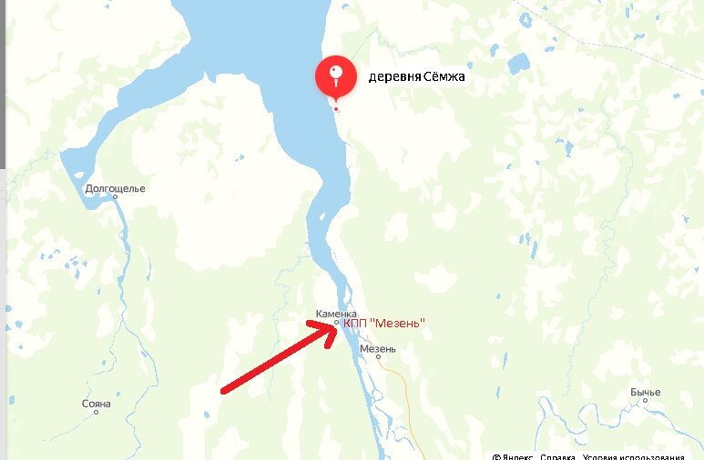 КПП "Мезень и деревня "Сёмжа" на карте.