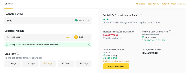 окно взятия кредита на Binance Loans 