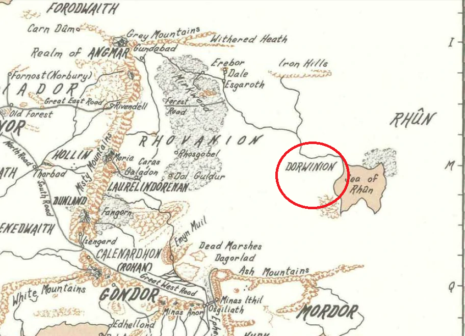 Дорвинион на карте Средиземья. Выделен красным. Фото взято из "Атласа Средиземья" Каренн Винн Фонстад.